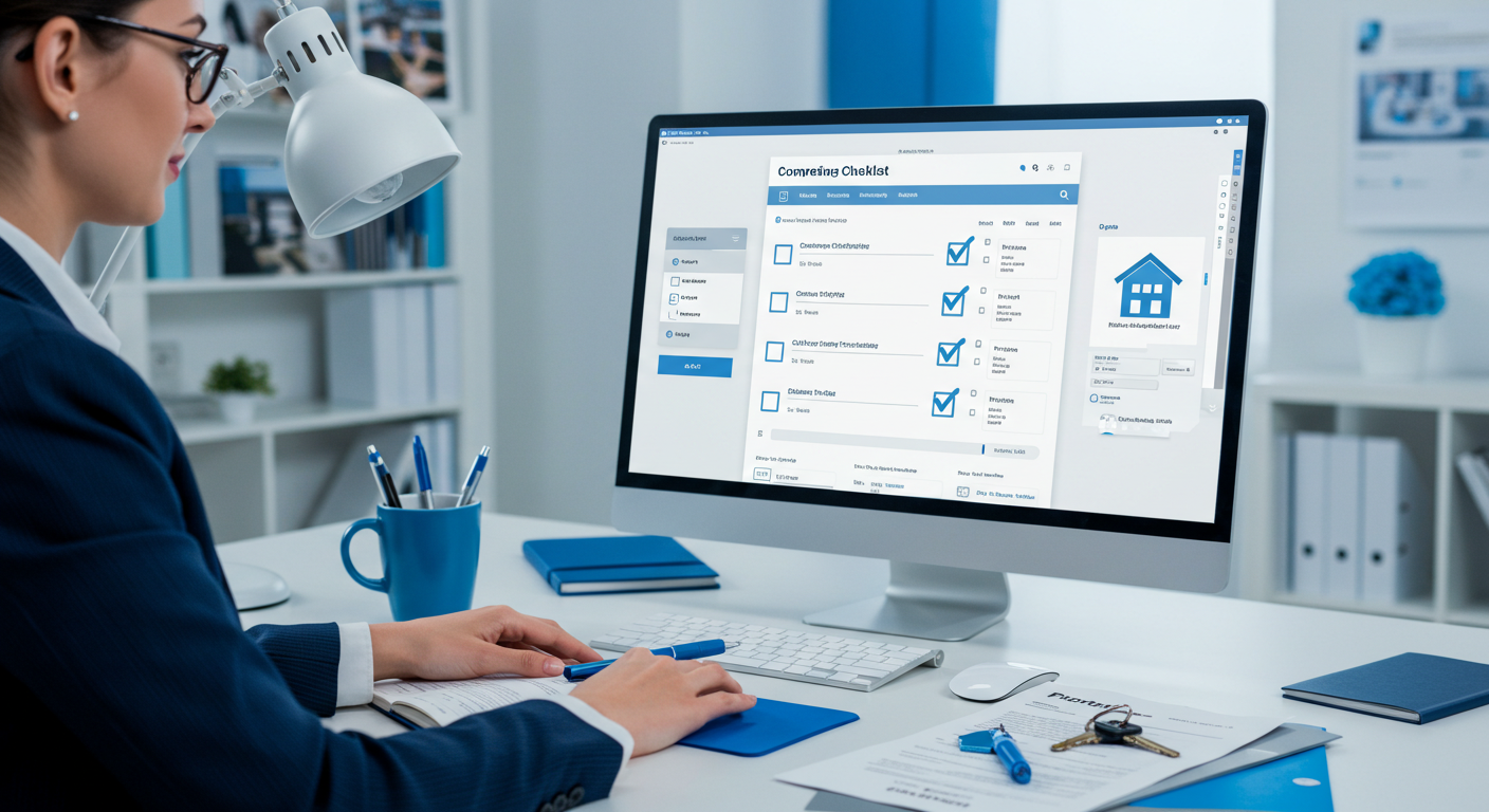 Real estate agent using proven communication scripts and systems to coordinate with virtual assistant on laptop screen showing client management dashboard
